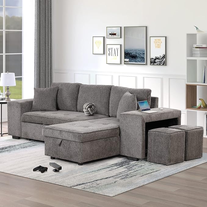 L Shaped Reversible Sleeper Sectional Sofa Pull Out Couch Bed with Storage Chaise Lounge and 2 Stools, Button Tufted Chenille Upholstered Convertible Pullout Sofabed for Living Room Office - LeafyLoom