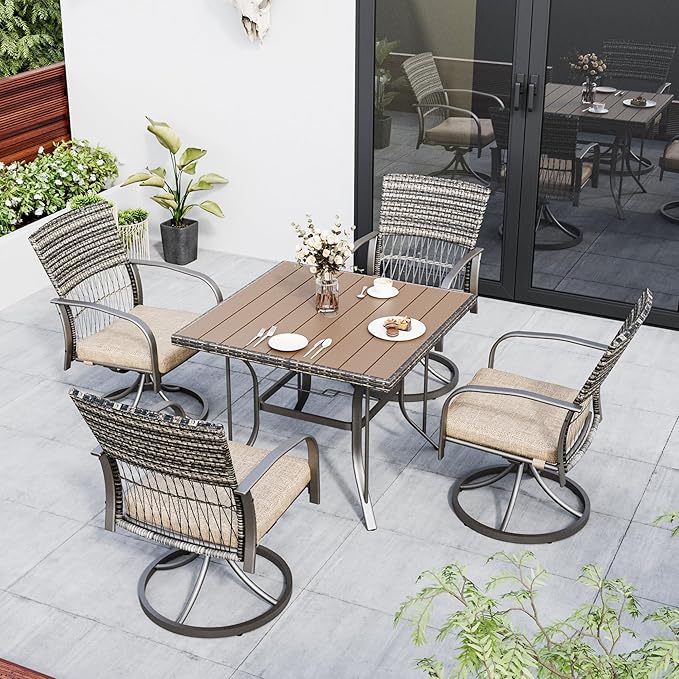 Pamapic 5 Piece Patio Dining Set for 4,Wicker Outdoor Furniture Set for Backyard Garden Deck Poolside with Square Plastic-Wood Table Top,4 Cushions Swivel Rocker Chairs,Removable Cushions(Beige) - LeafyLoom