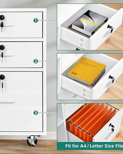 DWVO 3 Drawer File Cabinet with Charging Station, Mobile Filing Cabinet with Lock, White - LeafyLoom