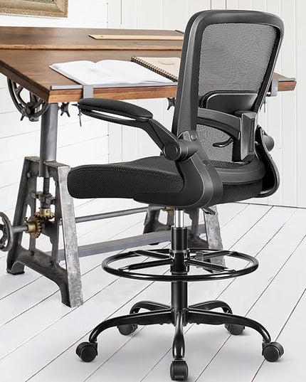 FelixKing Drafting Chair Ergonomic Tall Office Chair, Breathable Mesh Chair with Adjustable Footrest Ring Lumbar Support Flip-up Armrests, High Back Executive Comfy Task Computer Chair for Home Office - LeafyLoom