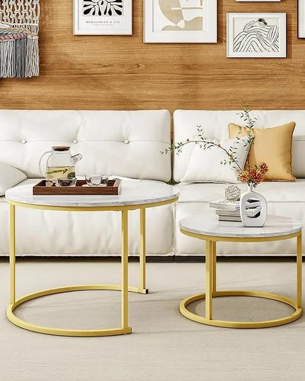 Round Coffee Table Set of 2 End Tables for Living Room,Circular and Marble Nesting Coffee Table Wooden Accent Furniture with Golden Metal Frame,Stacking Side Tables,White - LeafyLoom
