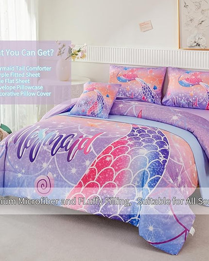 RYNGHIPY Full Bed in a Bag for Kids Teens Girls 6 Pieces, Soft Bedding for All Seasons, Cute Mermaid Tail Kids Bedding Set, Leightweight Girls Fluffy Bed Set - LeafyLoom