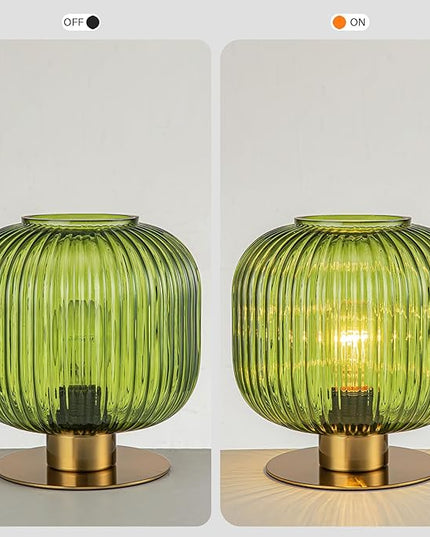 Small Table Lamp Elegant Green Glass Bedside Lamp with Ribbed Glass Shade Decorative End Table Lamp for Bedroom Tabletop Corner Shelf (Green) - LeafyLoom