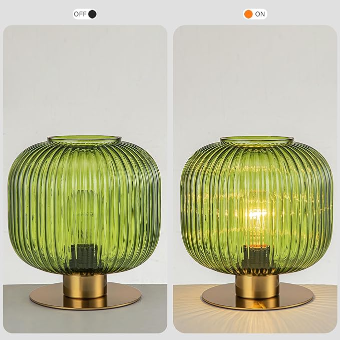 Small Table Lamp Elegant Green Glass Bedside Lamp with Ribbed Glass Shade Decorative End Table Lamp for Bedroom Tabletop Corner Shelf (Green) - LeafyLoom