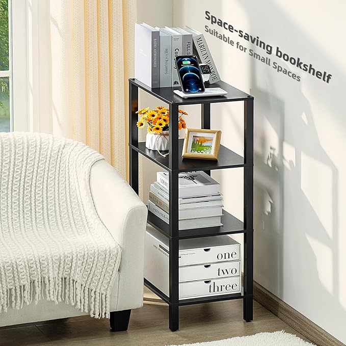 4 Tier Tall Wooden Bookshelf with Storage, Narrow Bookcase for Small Space, Small Book Shelf for Living Room, Office, Bedroom, Kitchen, Industrial, Black - LeafyLoom