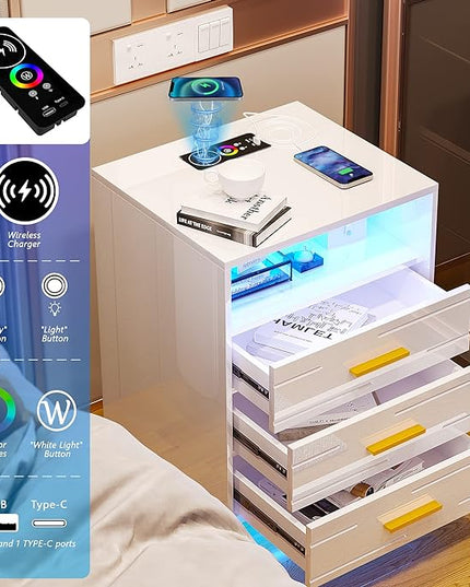 HNEBC RGB LED Nightstand with Wireless Charging Station, Smart Night Stand with Motion Sensor Lights, High Gloss White Nightstand with 3 Drawers for Bedroom, Modern Bedside Tables (A White) - LeafyLoom