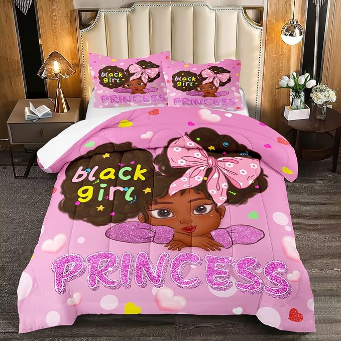 Black Girl Full Size Comforter Sets for Girls-Black African American Girls Full Size Bedding Sets Pink Princess Full Size Comforter Sets Girls Room, Full (1 Comforter 2 Pillowcases) - LeafyLoom