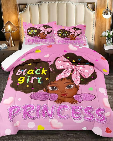 Black Girl Comforter Set Queen, Black African American Girls Queen Comforter Sets, Pretty Pink Princess Queen Comforter Set for Girls Bedroom Decor, Queen (1 Comforter 2 Pillowcases) - LeafyLoom