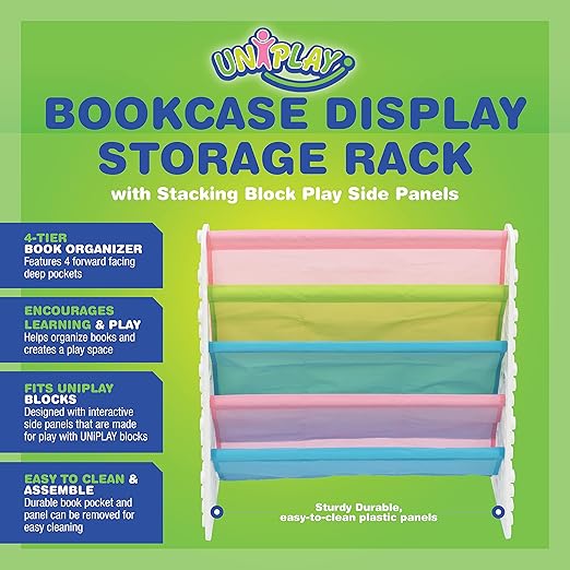 UNiPLAY Kids 4-Tier Book Storage Organizer with Sling Book Pockets, Plastic Sling Rack Bookshelf for Playroom, Fits Blocks, White/Pastel - LeafyLoom