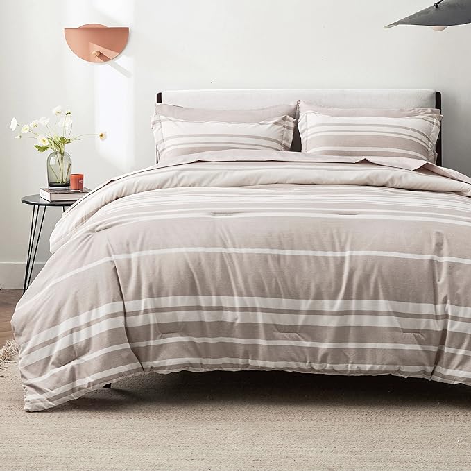 Bedsure Bed in a Bag King Size 7 Pieces, Light Camel White Striped Bedding Comforter Sets All Season Bed Set, 2 Pillow Shams, Flat Sheet, Fitted Sheet and 2 Pillowcases - LeafyLoom