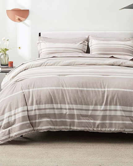 Bedsure Bed in a Bag Full Size 7 Pieces, Light Camel White Striped Bedding Comforter Sets All Season Bed Set, 2 Pillow Shams, Flat Sheet, Fitted Sheet and 2 Pillowcases - LeafyLoom