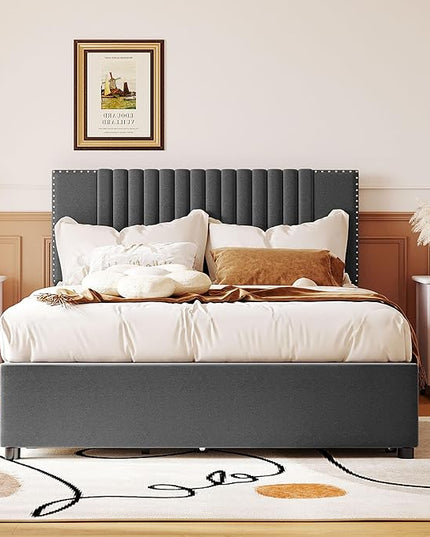 Full Size Linen Upholstered Platform Bed with 2 Drawers and Twin Size Trundle,Solid Wood Bed Frame w/Classic Headboard Design,for Bedroom,Apartment,Living Room,Gray - LeafyLoom