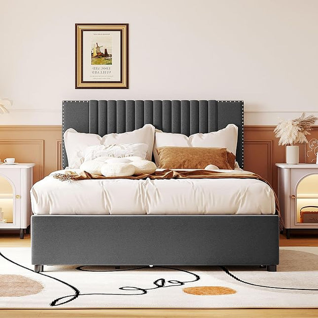 Full Size Linen Upholstered Platform Bed with 2 Drawers and Twin Size Trundle,Solid Wood Bed Frame w/Classic Headboard Design,for Bedroom,Apartment,Living Room,Gray - LeafyLoom