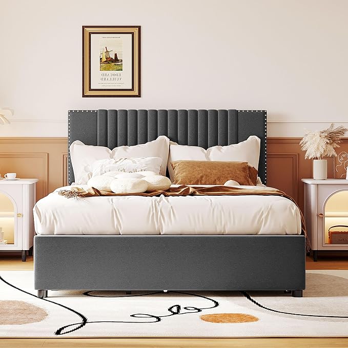 Full Size Linen Upholstered Platform Bed with 2 Drawers and Twin Size Trundle,Solid Wood Bed Frame w/Classic Headboard Design,for Bedroom,Apartment,Living Room,Gray - LeafyLoom