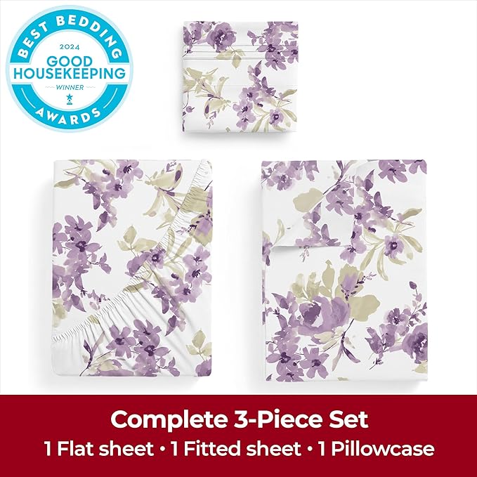 Mellanni Twin XL Sheets Set - 3 PC Iconic Collection Bedding Sheets & Pillowcases - Hotel Luxury, Extra Soft, Cooling Bed Sheets - Deep Pocket up to 16 inch (Twin Extra Long, Madison Purple) - LeafyLoom