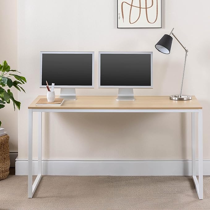 ZINUS Jennifer 55 Inch White Frame Desk, Computer Workstation, Office Desk, Dining Table, Easy Assembly, Natural - LeafyLoom