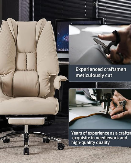 Big and Tall Office Chair 400lbs Wide Seat, Leather High Back Executive Office Chair with Foot Rest, Ergonomic Office Chair Lumbar Support for Lower Back Pain Relief (Beige) - LeafyLoom