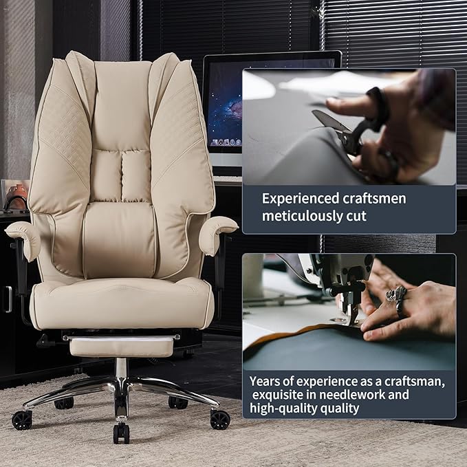 Big and Tall Office Chair 400lbs Wide Seat, Leather High Back Executive Office Chair with Foot Rest, Ergonomic Office Chair Lumbar Support for Lower Back Pain Relief (Beige) - LeafyLoom
