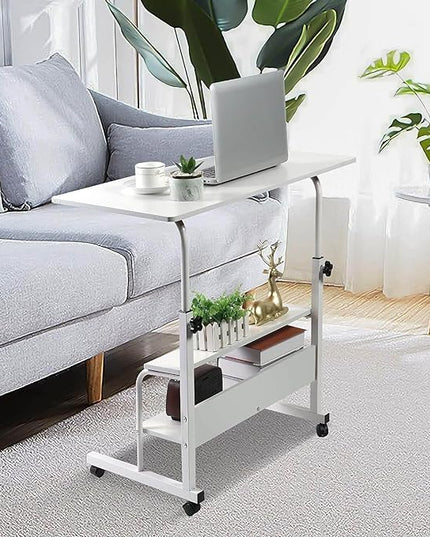 Adjustable Height Mobile Computer Desk for Small Space Rolling Writing with Wheels Corner Home Office Study Portable Bedrooms Work Size 31.5x15.7 Inch Storage Gaming Table, White - LeafyLoom