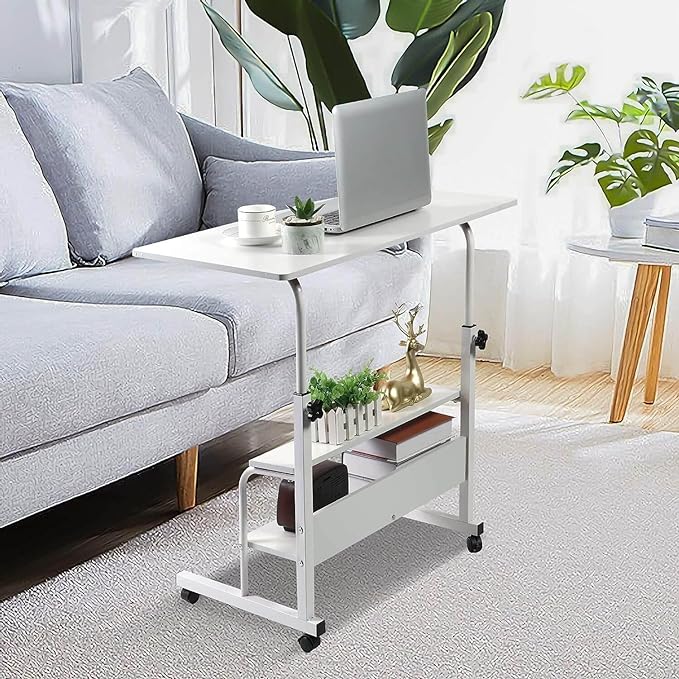 Adjustable Height Mobile Computer Desk for Small Space Rolling Writing with Wheels Corner Home Office Study Portable Bedrooms Work Size 31.5x15.7 Inch Storage Gaming Table, White - LeafyLoom