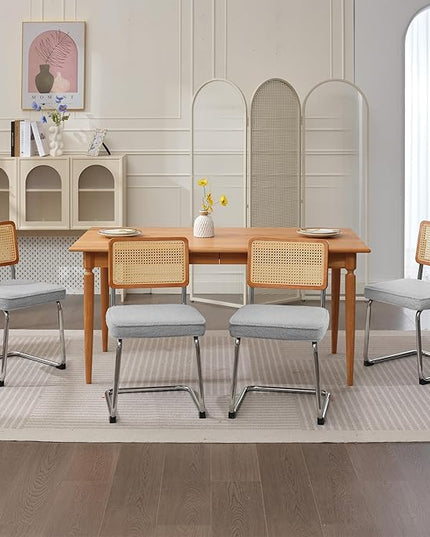 Rattan Dining Chairs Set of 2, Mid Century Modern Sherpa Dining Room Kitchen Chairs with Cane Back, Metal Chrome Legs, Upholstered Wicker Armless Accent Chairs, Grey - LeafyLoom