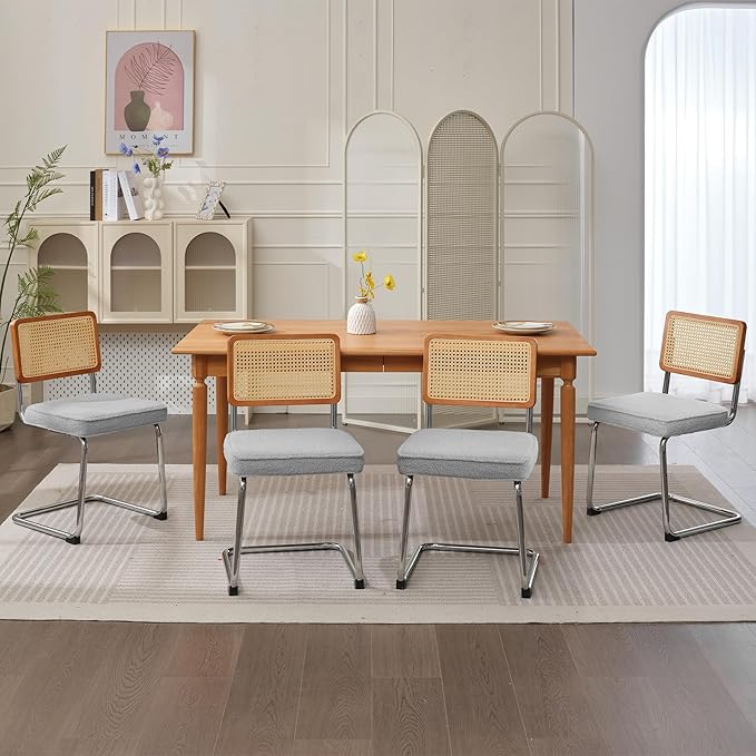 Rattan Dining Chairs Set of 2, Mid Century Modern Sherpa Dining Room Kitchen Chairs with Cane Back, Metal Chrome Legs, Upholstered Wicker Armless Accent Chairs, Grey - LeafyLoom