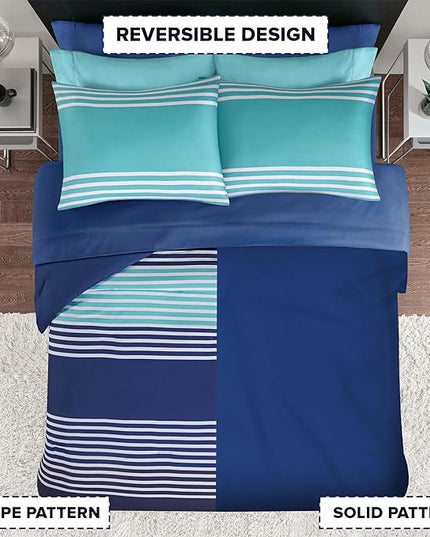 Comfort Spaces Twin XL Comforter Sets with Sheets - Bed in a Bag 6 Pieces Teen Bedding Sets Twin XL, Navy and Grey Stripes Bedding, College Twin Bed Set, 2 Side Pocket Bedroom Organizer Twin XL Navy - LeafyLoom