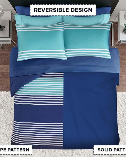 Comfort Spaces Full Comforter Sets with Sheets - Bed in a Bag 9 Pieces Teen Bedding Sets Full, Navy and Grey Stripes Bedding Full, College Full Bed Set, 2 Side Pocket Bedroom Organizer Full Navy - LeafyLoom