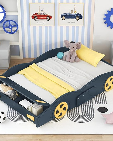 Full Size Bed Frame for Kids, Race Car-Shaped Wooden Platform Bed with Guardrail and Storage Space, Wheels and Support Slats, for Boys Girls Child's Bedroom, No Spring Need (Dark Blue) - LeafyLoom
