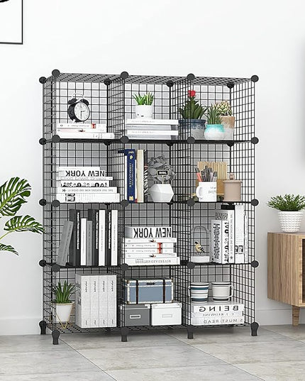 Wolizom Wire Cube Storage, Metal Grids Shelves Bookshelf, Stackable Modular Shelving Organizer, DIY Closet Bookcase Bookshelf, Grid Storage Shelf for Bedroom, Living Room, Office (Black, 12 Cube) - LeafyLoom