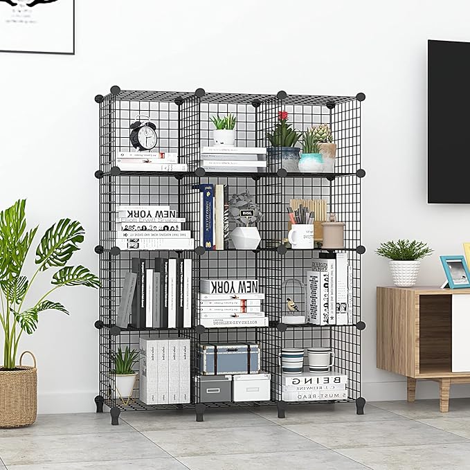 Wolizom Wire Cube Storage, Metal Grids Shelves Bookshelf, Stackable Modular Shelving Organizer, DIY Closet Bookcase Bookshelf, Grid Storage Shelf for Bedroom, Living Room, Office (Black, 12 Cube) - LeafyLoom