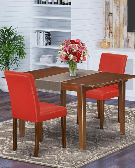 East West Furniture NOAB3-MAH-72 3 Piece Room Set Contains a Rectangle Wooden Table with Butterfly Leaf and 2 Firebrick Red Faux Leather Parsons Dining Chairs, 32x54 Inch - LeafyLoom