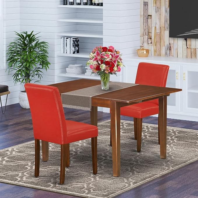 East West Furniture NOAB3-MAH-72 3 Piece Room Set Contains a Rectangle Wooden Table with Butterfly Leaf and 2 Firebrick Red Faux Leather Parsons Dining Chairs, 32x54 Inch - LeafyLoom