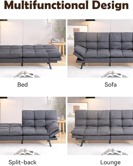 Futon Sofa Bed, Memory Foam Futon Sleeper Sofa Loveseat Convertible Couch Bed for Small Compact Living Spaces,Apartment,Grey Linen Fabric - LeafyLoom