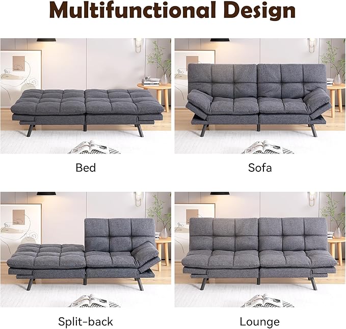 Futon Sofa Bed, Memory Foam Futon Sleeper Sofa Loveseat Convertible Couch Bed for Small Compact Living Spaces,Apartment,Grey Linen Fabric - LeafyLoom