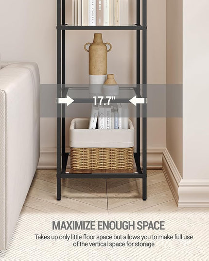 Bookcase Bookshelf, Tempered Glass Arched Bookshelf for More Storage, Slim Shelving Unit for Bedroom, Bathroom, Home Office, Steel Frame, 5 Tier Black BC20599B - LeafyLoom