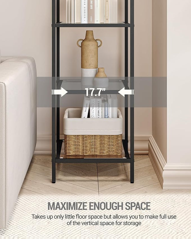 Bookcase Bookshelf, Tempered Glass Arched Bookshelf for More Storage, Slim Shelving Unit for Bedroom, Bathroom, Home Office, Steel Frame, 5 Tier Black BC20599B - LeafyLoom