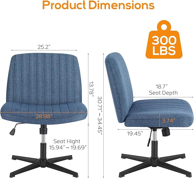 Criss Cross Chair, Cross Legged Office Chair, Wide Comfty Desk Chair, No Wheels Armless Computer Task Chair, Swivel Vanity Home Chair, Height Adjustable - LeafyLoom