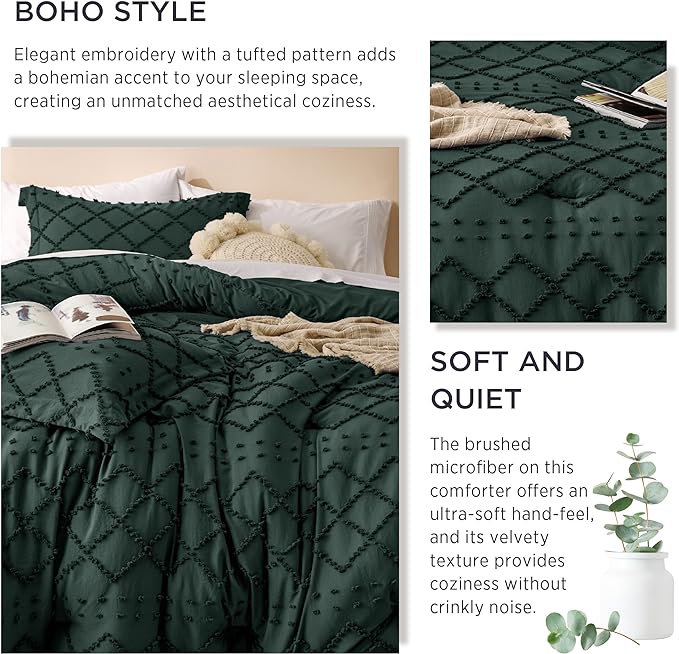 Bedsure Full Size Comforter Set - Dark Emerald Green Comforter, Forest Green Boho Tufted Shabby Chic Bedding Comforter Set, 3 Pieces Vintage Farmhouse Bed Set with 2 Pillow Shams for All Seasons - LeafyLoom