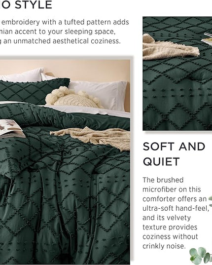 Bedsure King Size Comforter Set - Dark Emerald Green Comforter, Forest Green Boho Tufted Shabby Chic Bedding Comforter Set, 3 Pieces Vintage Farmhouse Bed Set with 2 Pillow Shams for All Seasons - LeafyLoom