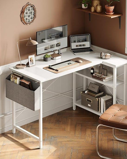 BANTI L Shaped Small Computer Desk with Storage Shelves, 40" Home Office Small Corner Desk Study Writing Table, White - LeafyLoom