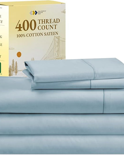 Split King Sheets for Adjustable Bed, Soft 100% Cotton Sheets, 400 Thread Count Sateen, 5 Pc Set With 2 Twin-XL Fitted Sheets, Deep Pocket Sheets,Cooling Sheets,Beats Egyptian Cotton Claims (Sky Blue) - LeafyLoom