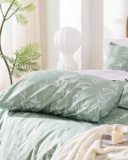 JANZAA King Comforter Set Sage Green Comforter,3 PCS Bedding Sets Floral Comforter Set Plant Flowers Printed on Fluffy Comforter Set for All season - LeafyLoom