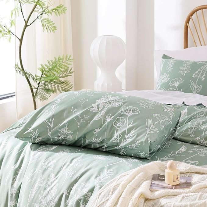 JANZAA California King Comforter Set Sage Green Comforter 3 PCS Bedding Sets Floral Comforter Set Plant Flowers Printed on Fluffy Comforter Set with 2 Pillow Cases for All Season - LeafyLoom