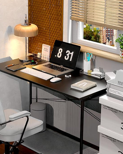 HealSmart Home Office Computer Desk, Modern Style Design with Headphone Hooks for Working, Writing and Gaming, 32 Inch, 47 Inches, Black - LeafyLoom