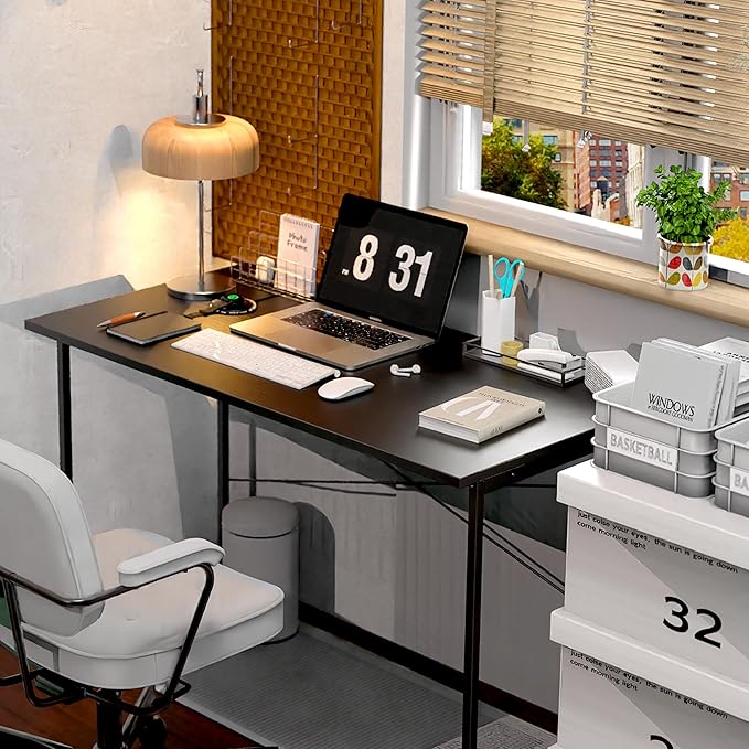 HealSmart Home Office Computer Desk, Modern Style Design with Headphone Hooks for Working, Writing and Gaming, 32 Inch, 47 Inches, Black - LeafyLoom