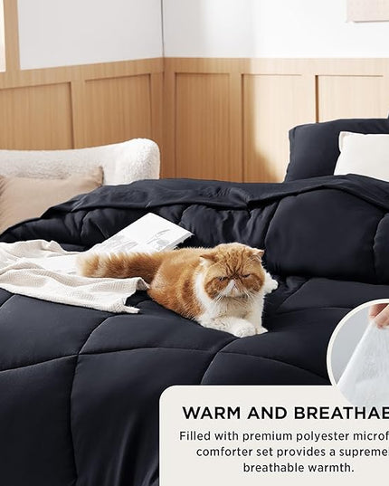 Bedsure Black Twin Comforter Set - 5 Pieces Solid Twin Bed in a Bag, Twin Bed Set Black with Quilted Warm Fluffy Comforters, Sheets, Pillowcase & Sham - LeafyLoom