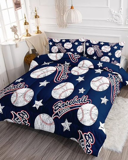 3D Baseballs Comforter Full Size,Blue Baseball Kids Comforter Set,3Pcs Bedding Set Printed Comforter with 2 Pillowcases,Down Alternative,Soft and Lightweight,for All Seasons - LeafyLoom