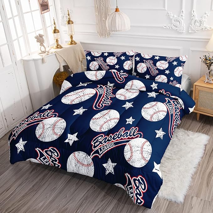 3D Baseballs Comforter Full Size,Blue Baseball Kids Comforter Set,3Pcs Bedding Set Printed Comforter with 2 Pillowcases,Down Alternative,Soft and Lightweight,for All Seasons - LeafyLoom