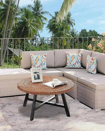 Round Coffee Table, Seagrass Coffee Solid Pine Wood X Base Frame Cocktail Table, Easy Assembled, Multiple Sizes for Living Room, 32 x 17 Inches,Gold - LeafyLoom